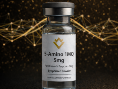 Clear glass vial labeled '5-Amino 1Mq 5mg' with a dark background and abstract design.