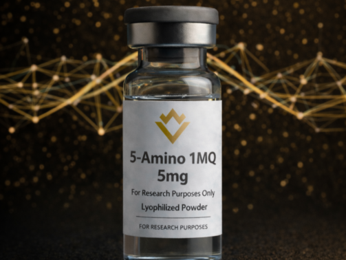 Clear glass vial labeled '5-Amino 1Mq 5mg' with a dark background and abstract design.
