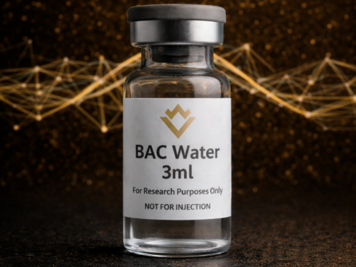 BAC Water 3ml bottle with label on a dark background