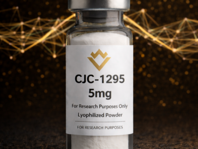 Vial labeled 'CJC-1295 5mg' with a dark background and abstract gold designs.