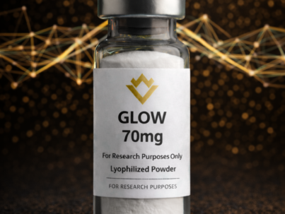 Glass vial labeled 'GLOW 70mg' on a dark background with abstract designs.