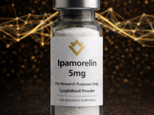 Vial labeled 'Ipamorelin 5mg' with a dark background