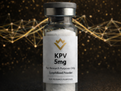 Vial labeled KPV 5mg with a dark background and network-like design