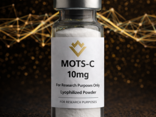 Vial labeled 'MOTS-C 10mg' with a dark background