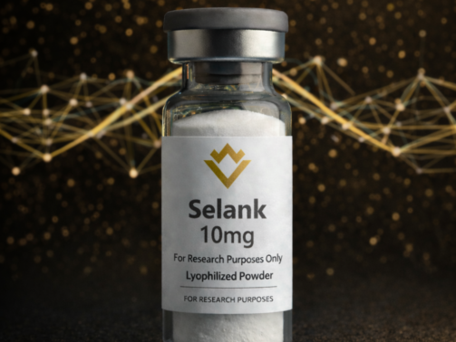 Vial labeled 'Selank 10mg' with a dark background and abstract design.