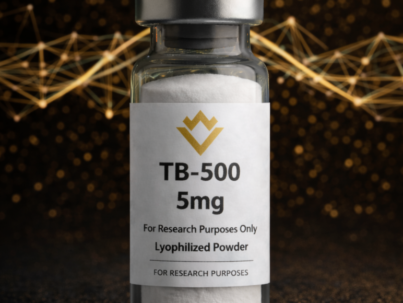 TB-500 lyophilized powder vial with label on a dark background