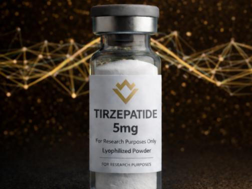 Vial labeled 'TIRZEPATIDE 5mg' on a dark background with network-like design