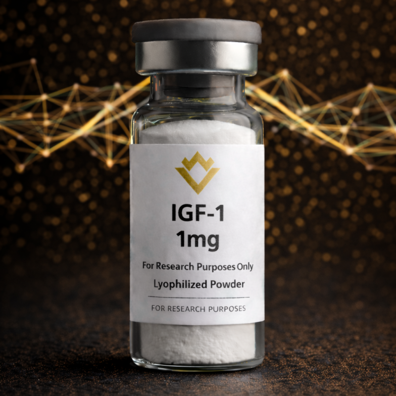 Vial labeled 'IGF-1 1mg' with a dark background