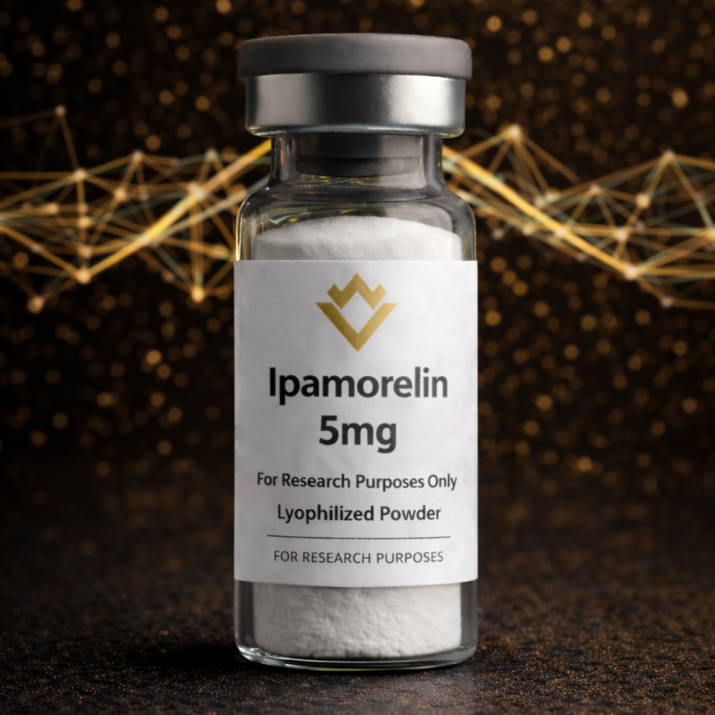 Vial labeled 'Ipamorelin 5mg' with a dark background