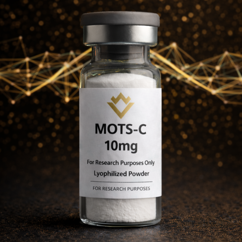 Vial labeled 'MOTS-C 10mg' with a dark background