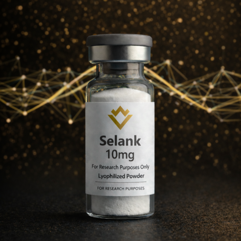 Vial labeled 'Selank 10mg' with a dark background and abstract design.