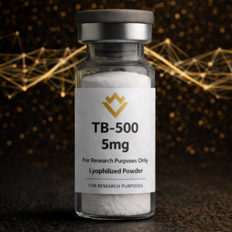 TB-500 lyophilized powder vial with label on a dark background