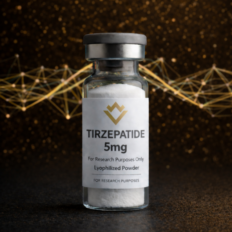 Vial labeled 'TIRZEPATIDE 5mg' on a dark background with network-like design